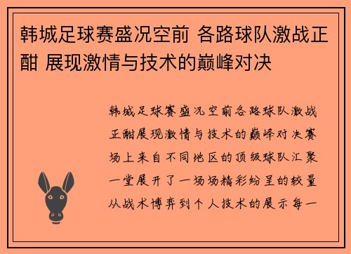 韩城足球赛盛况空前 各路球队激战正酣 展现激情与技术的巅峰对决