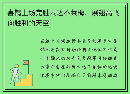 喜鹊主场完胜云达不莱梅，展翅高飞向胜利的天空