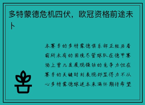 多特蒙德危机四伏，欧冠资格前途未卜