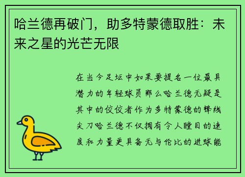 哈兰德再破门，助多特蒙德取胜：未来之星的光芒无限