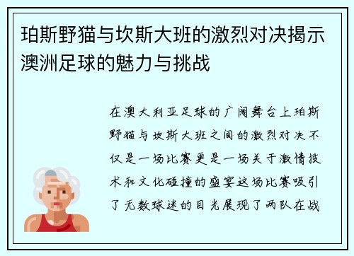 珀斯野猫与坎斯大班的激烈对决揭示澳洲足球的魅力与挑战