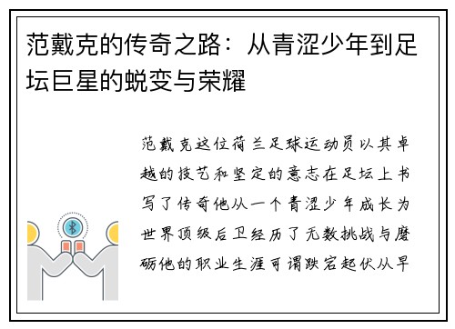 范戴克的传奇之路：从青涩少年到足坛巨星的蜕变与荣耀
