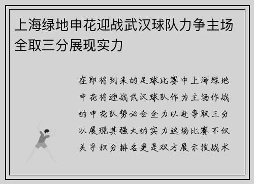 上海绿地申花迎战武汉球队力争主场全取三分展现实力