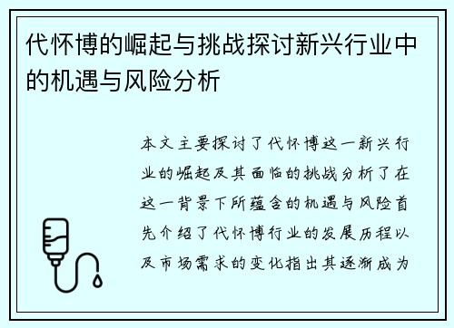 代怀博的崛起与挑战探讨新兴行业中的机遇与风险分析