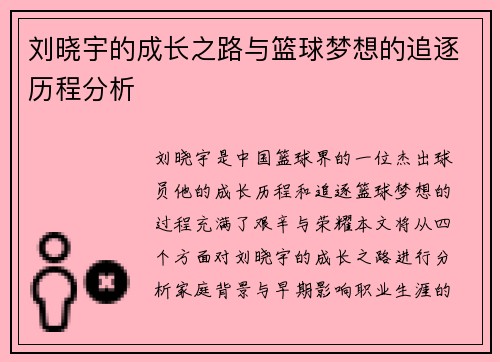 刘晓宇的成长之路与篮球梦想的追逐历程分析