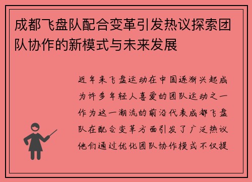 成都飞盘队配合变革引发热议探索团队协作的新模式与未来发展