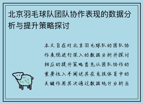 北京羽毛球队团队协作表现的数据分析与提升策略探讨