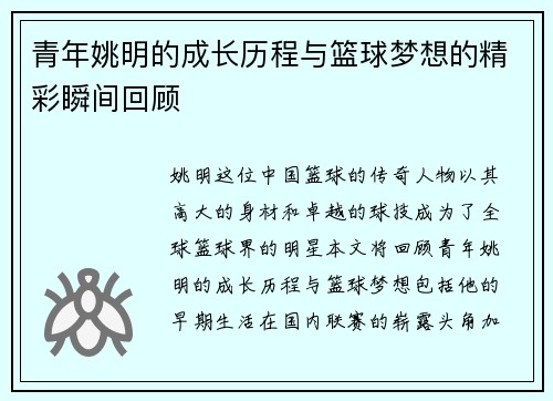 青年姚明的成长历程与篮球梦想的精彩瞬间回顾